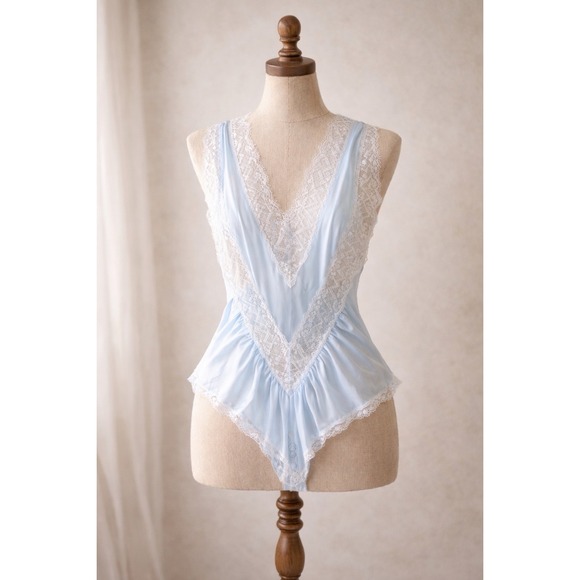 Nicole Other - Vintage Lace Teddy Bodysuit Womens Medium Blue Lingerie One Piece Nylon